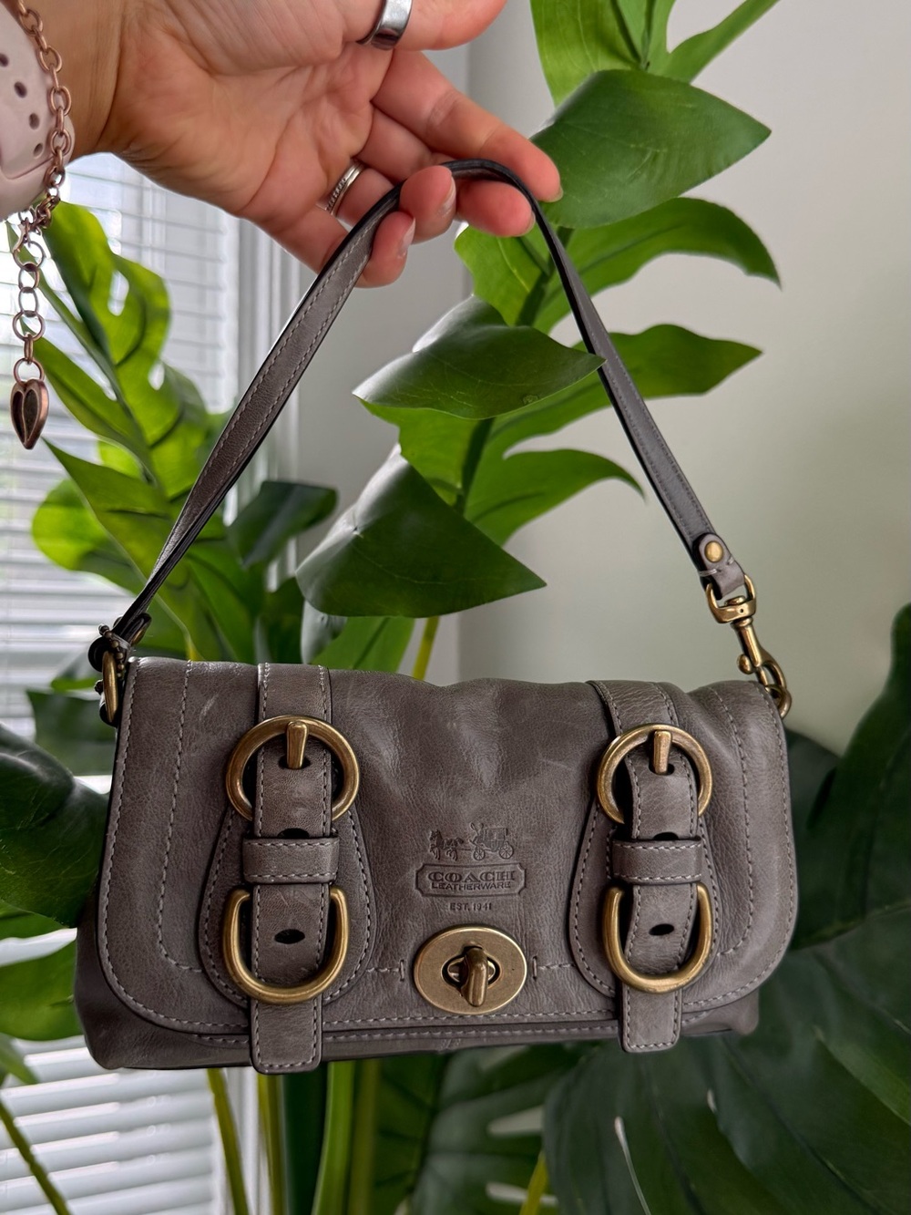 Coach Gray Pebbled Leather Buckle Shoulder Bag with Brass Hardware